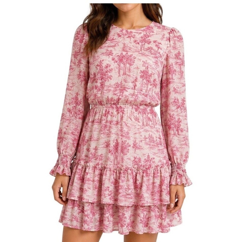 NWT Pink Toile Print Dress Womens XS Ruffle Tiered Mini Lightweight Lined